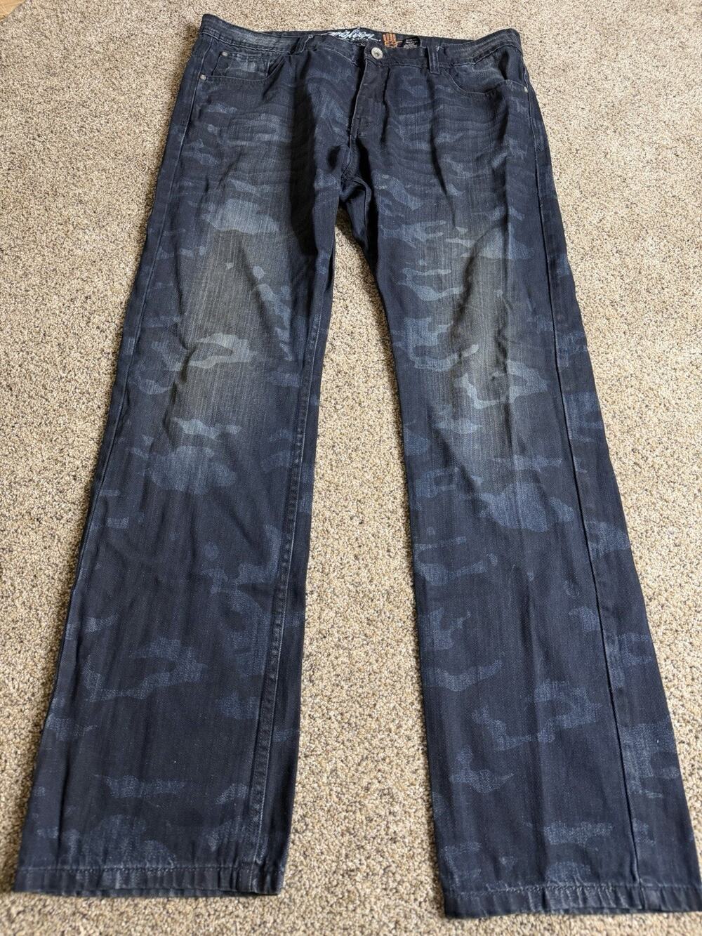 MISKEEN JEANS Men's Y2K Camo Print Graffiti Denim Relaxed Size 40x34 Dark Wash